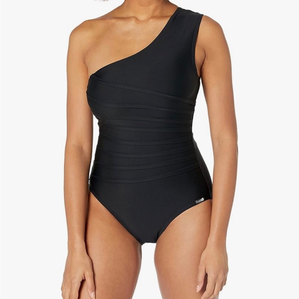 Calvin Klein One-Shoulder Starburst Black Swimsuit Size 14 Tummy control